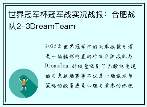 世界冠军杯冠军战实况战报：合肥战队2-3DreamTeam